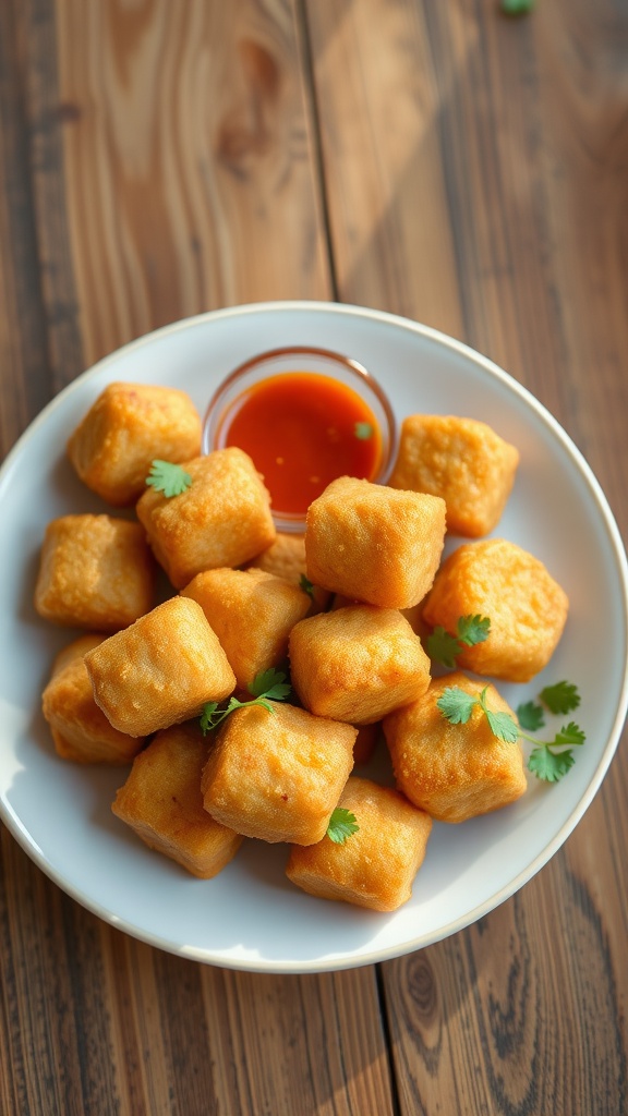 Golden ungu snack bites on a plate with dipping sauce and herbs.